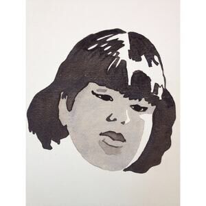 Original Black White Girl Head Watercolor Painting Unfinished Outsider Art 9x11